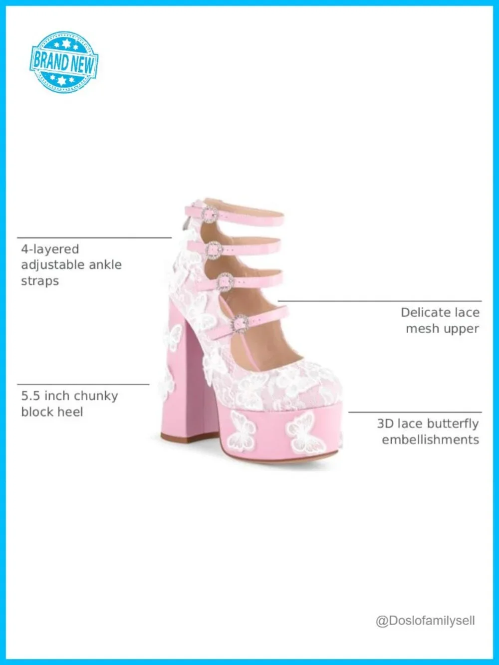 Platform Chunky Heels Lace Butterfly Square Toe Ankle Strap Mary Jane Pumps